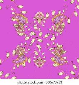 Floral ornament brocade textile pattern, glass, metal with floral pattern on pink background with golden elements. Classic vector golden pattern.