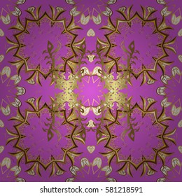 Floral ornament brocade textile pattern, glass, metal with floral pattern on pink background with golden elements. Classic vector golden pattern.