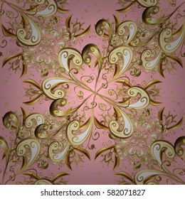 Floral ornament brocade textile pattern, glass, metal with floral pattern on pink background with golden elements. Classic vector golden pattern.