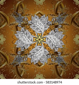 Floral ornament brocade textile pattern, glass, metal with floral pattern on yellow background with golden elements. Classic vector golden.