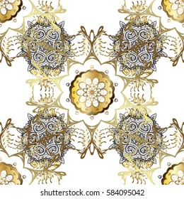 Floral ornament brocade textile pattern, glass, metal with floral pattern on white background with golden elements. Seamless classic vector golden pattern.