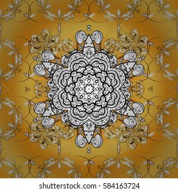Floral ornament brocade textile pattern, glass, metal with floral pattern on yellow background with golden elements. Classic vector golden pattern.
