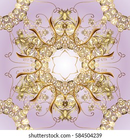 Floral ornament brocade textile pattern, glass, metal with floral pattern on violet background with golden elements. Classic vector golden seamless pattern.