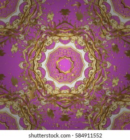 Floral ornament brocade textile pattern, glass, metal with floral pattern on pink background with golden elements. Classic vector golden pattern.