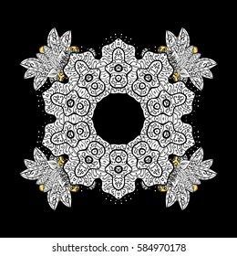 Floral ornament brocade textile pattern, glass, metal with floral pattern on black background with golden elements. Seamless classic vector golden pattern.