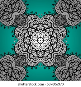 Floral ornament brocade textile pattern, glass, with floral pattern on blue background with white elements. Classic vector seamless pattern.