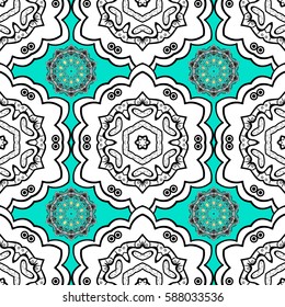 Floral ornament brocade textile pattern, glass, with floral pattern on blue background with white elements. Classic vector seamless pattern.