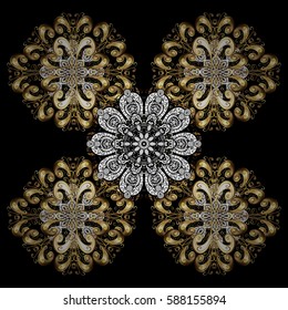Floral ornament brocade textile pattern, glass, metal with floral pattern on black background with golden elements. Classic vector golden pattern.