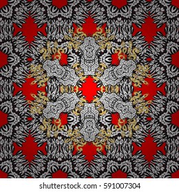 Floral ornament brocade textile pattern, glass, with floral pattern on red background with white elements. Classic vector seamless pattern.