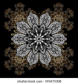 Floral ornament brocade textile pattern, glass, metal with floral pattern on black background with golden elements. Classic vector golden pattern.
