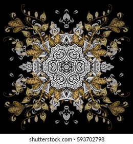 Floral ornament brocade textile pattern, glass, metal with floral pattern on black background with golden elements. Classic vector golden pattern.