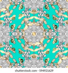 Floral ornament brocade textile pattern, glass, with floral pattern on blue background with white elements. Classic vector seamless pattern.