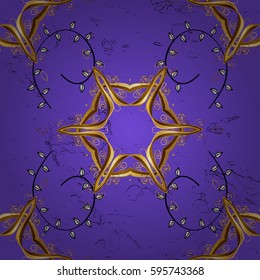 Floral ornament brocade textile pattern, glass, metal with floral pattern on violet background with golden elements. Seamless classic vector golden pattern.