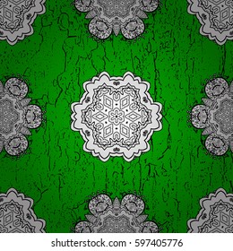 Floral ornament brocade textile pattern, glass, metal with floral pattern on green background with white elements. Classic vector white pattern.