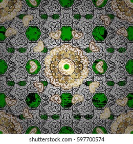 Floral ornament brocade textile pattern, glass, metal with floral pattern on green background with golden elements. Classic vector golden pattern.