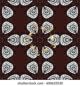 Floral ornament brocade textile pattern, glass, metal with floral pattern on brown background with golden elements. Seamless classic vector golden pattern.
