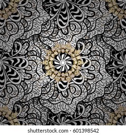 Floral ornament brocade textile pattern, glass, metal with floral pattern on brown background with golden elements. Seamless classic vector golden pattern.