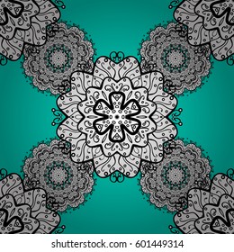 Floral ornament brocade textile pattern, glass, with floral pattern on blue background with white elements. Classic vector seamless pattern.