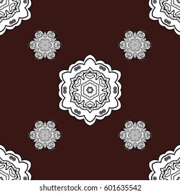 Floral ornament brocade textile pattern, glass, with floral pattern on brown background with white elements. Classic vector seamless pattern.