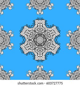 Floral ornament brocade textile pattern, glass, cute with floral pattern on blue background with white elements. Classic vector white seamless pattern.