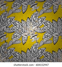 Floral ornament brocade textile pattern, glass, remarkable with floral pattern on yellow background with golden elements. Classic vector golden pattern.