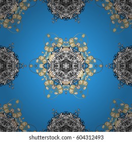 Floral ornament brocade textile pattern, glass, metal with floral pattern on blue background with golden elements. Seamless classic vector golden pattern.