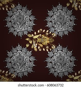 Floral ornament brocade textile pattern, glass, metal with floral pattern on brown background with golden elements. Seamless classic vector golden pattern.
