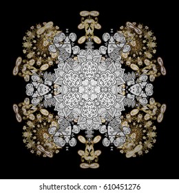 Floral ornament brocade textile pattern, glass, metal with floral pattern on black background with golden elements. Classic vector golden pattern.