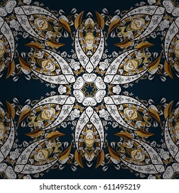 Floral ornament brocade textile pattern, glass, metal with floral pattern on blue background with golden elements. Seamless classic vector golden pattern.