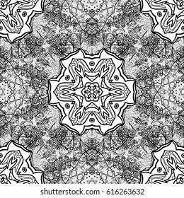 Floral ornament brocade textile pattern, glass, with floral pattern on gray background with white elements. Classic vector seamless pattern.