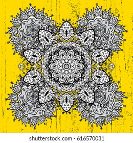 Floral ornament brocade textile pattern, glass, metal with floral pattern on yellow background with golden elements. Classic vector golden pattern.