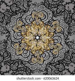 Floral ornament brocade textile pattern, glass, metal with floral pattern on gray background with golden elements. Seamless classic vector golden pattern.