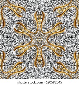 Floral ornament brocade textile pattern, glass, metal with floral pattern on gray background with golden elements. Seamless classic vector golden pattern.