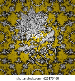 Floral ornament brocade textile pattern, glass, metal with floral pattern on yellow background with white elements. Classic vector white pattern.
