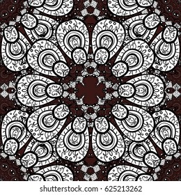 Floral ornament brocade textile pattern, glass, with floral pattern on brown background with white elements. Classic vector seamless pattern.