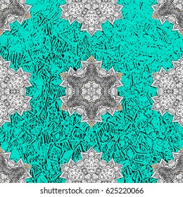 Floral ornament brocade textile pattern, glass, metal with floral pattern on blue background with golden elements. Classic vector golden pattern.