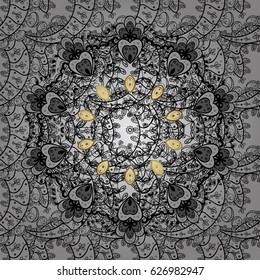 Floral ornament brocade textile pattern, glass, metal with floral pattern on gray background with golden elements. Seamless classic vector golden pattern.