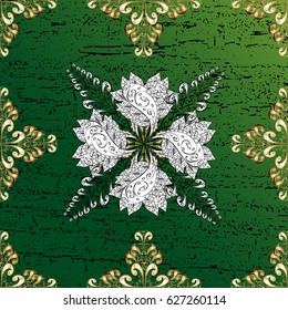 Floral ornament brocade textile pattern, glass, metal with floral pattern on green background with golden elements. Classic vector golden pattern.