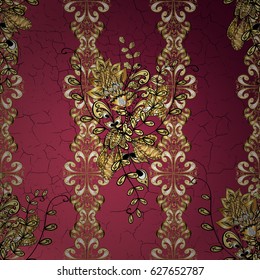 Floral ornament brocade textile pattern, glass, metal with floral pattern on pink background with golden elements. Classic vector golden pattern.