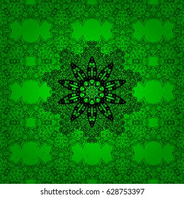 Floral ornament brocade textile pattern, glass, cracks with floral pattern on green background with dark elements. Classic vector dark pattern.