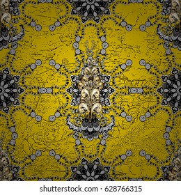 Floral ornament brocade textile pattern, glass, metal with floral pattern on yellow background with golden elements. Classic vector golden pattern.
