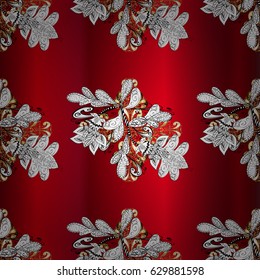 Floral ornament brocade textile pattern, glass, metal with floral pattern on red background with golden elements. Ornamental classic vector golden pattern.