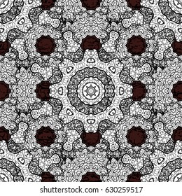 Floral ornament brocade textile pattern, glass, with floral pattern on brown background with white elements. Classic vector ornamental pattern.