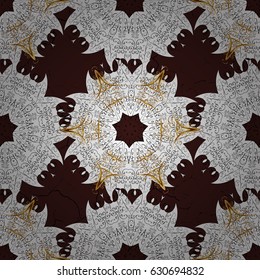 Floral ornament brocade textile pattern, glass, metal with floral pattern on brown background with golden elements. Seamless classic vector golden pattern.