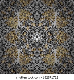 Floral ornament brocade textile pattern, glass, metal with floral pattern on gray background with golden elements. Seamless classic vector golden pattern.