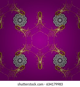 Floral ornament brocade textile pattern, glass, metal with floral pattern on magenta background with golden elements. Seamless classic vector golden pattern.