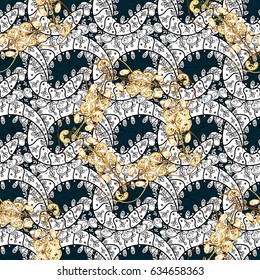 Floral ornament brocade textile pattern, glass, metal with floral pattern on blue background with golden elements. Seamless classic vector golden pattern.