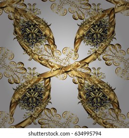 Floral ornament brocade textile pattern, glass, metal with floral pattern on gray background with golden elements. Seamless classic vector golden pattern.
