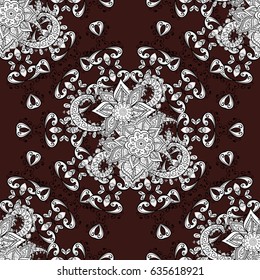 Floral ornament brocade textile pattern, glass, with floral pattern on brown background with white elements. Classic vector seamless pattern.