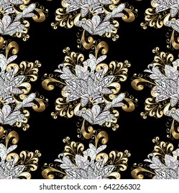 Floral ornament brocade textile pattern, glass, metal with floral pattern on black background with golden elements. Seamless classic vector golden pattern.